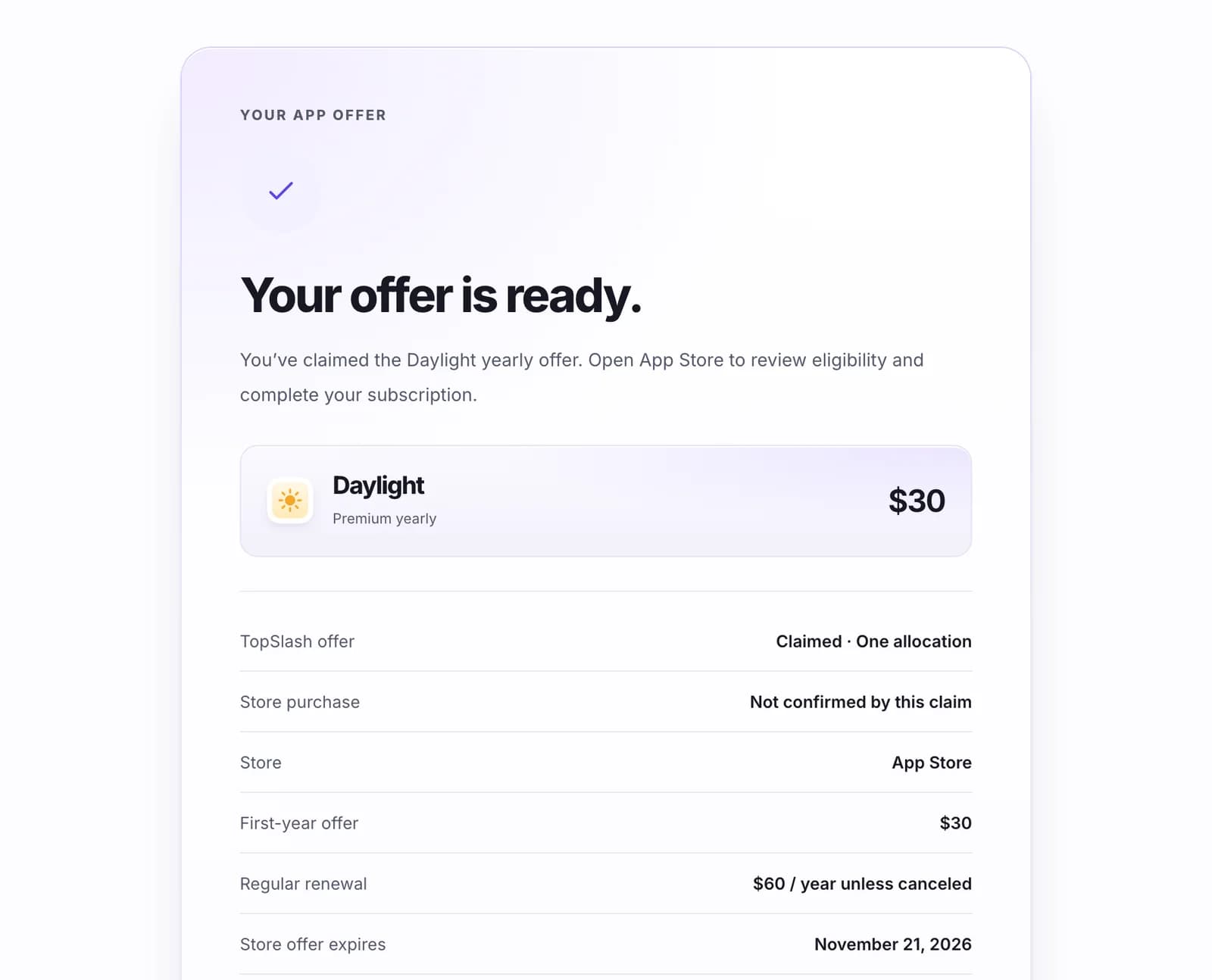 Sample app offer claim: the Daylight yearly offer is claimed on TopSlash, and the purchase is completed in the App Store.