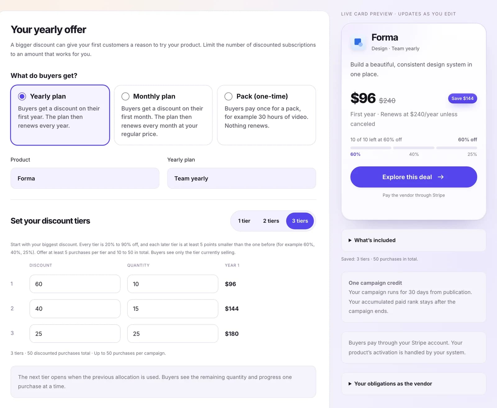 Sample campaign editor: a yearly plan with three discount tiers, beside a live preview of the deal card.