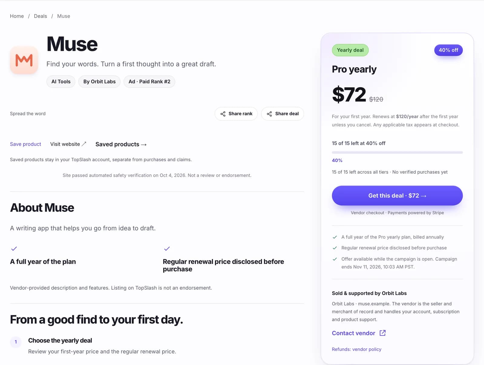 Sample deal page: a Pro yearly plan at $72 for the first year instead of $120, renewing at $120 a year, with 15 of 15 left at 40% off.